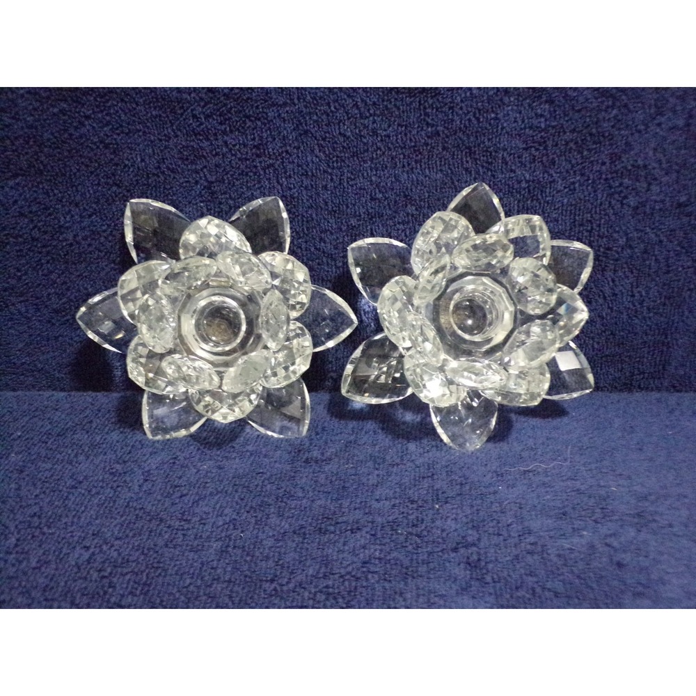 Vintage "Shannon" Crystal by Godinger Lotus Flower Candle Holders Pair Set Of 2